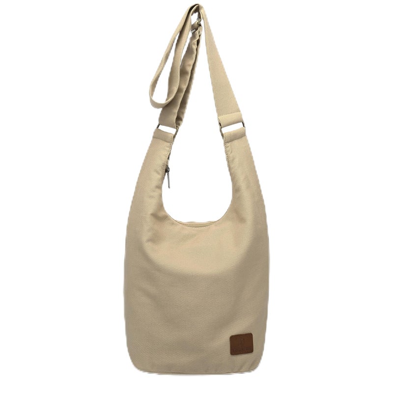 Coton Pose Hippie Crossbody Bag Large size Top Zip Cotton Sling Bag Jacquard cloth Handmade Bags (Tan Beige) - Image 1